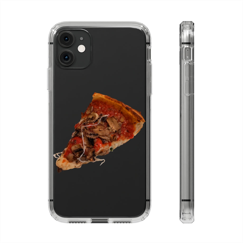 Pizza Clear Case showcasing a crystal clear design with cushioned TPU edges, protecting a smartphone.