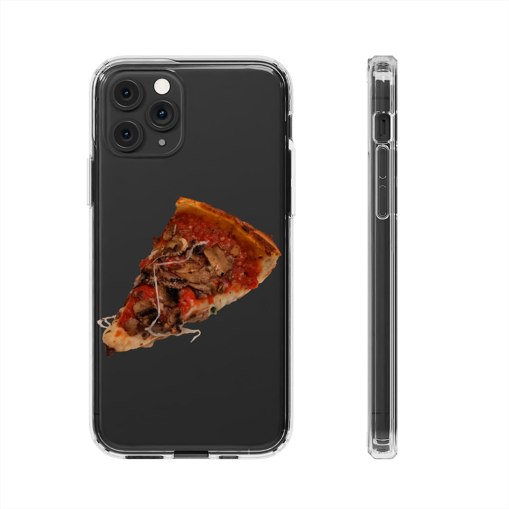 Pizza Clear Case showcasing a crystal clear design with cushioned TPU edges, protecting a smartphone.