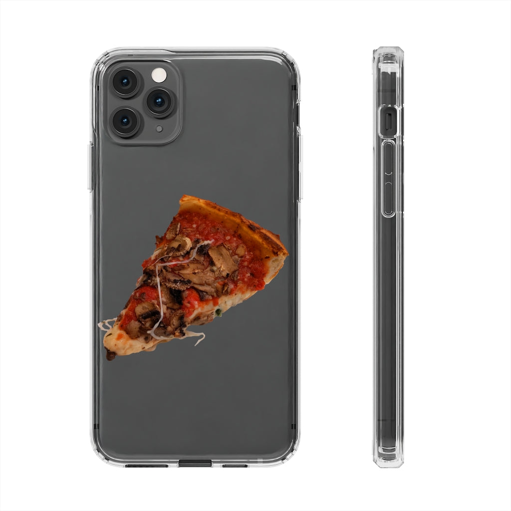 Pizza Clear Case showcasing a crystal clear design with cushioned TPU edges, protecting a smartphone.