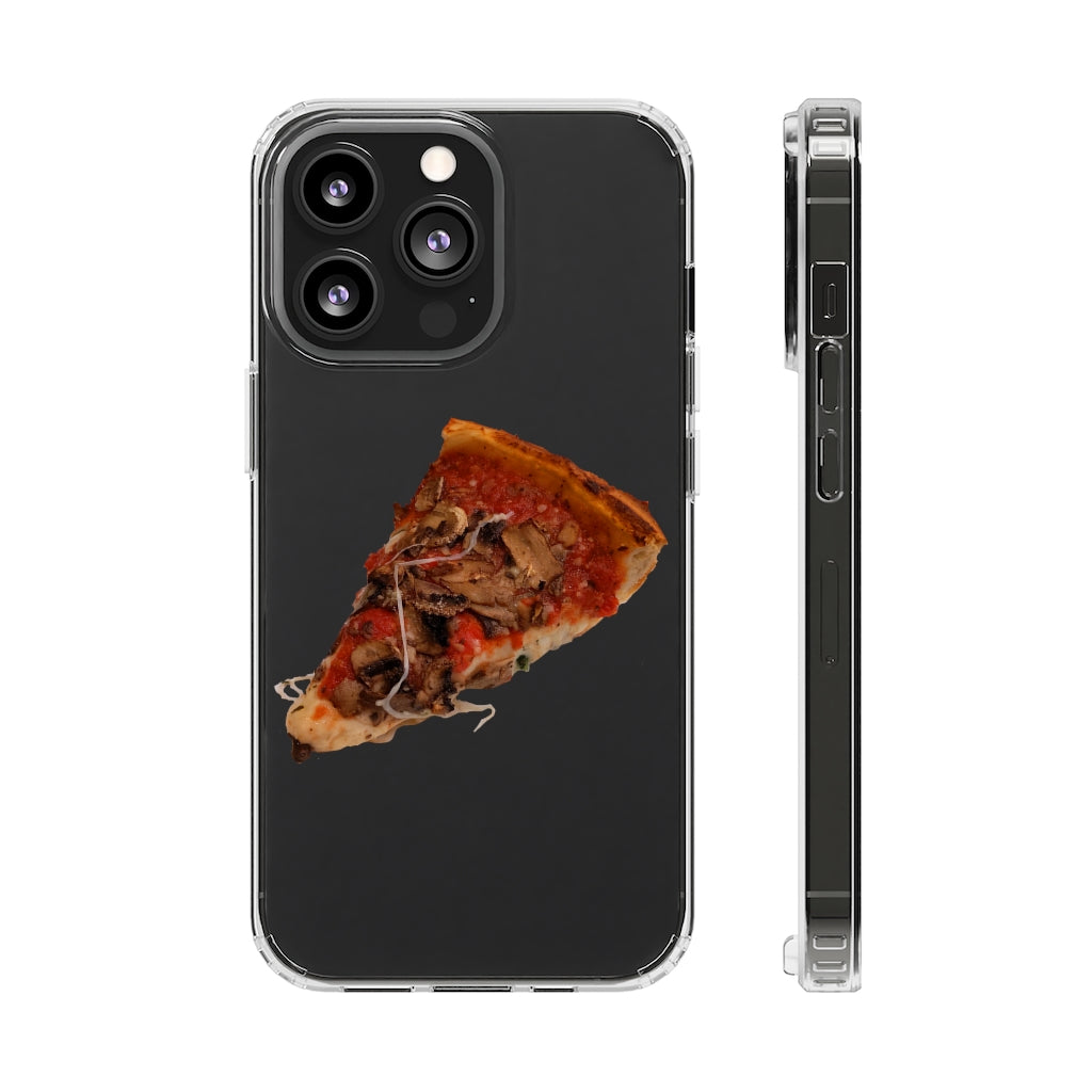 Pizza Clear Case showcasing a crystal clear design with cushioned TPU edges, protecting a smartphone.