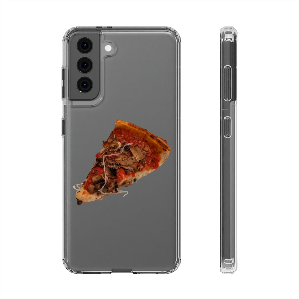 Pizza Clear Case showcasing a crystal clear design with cushioned TPU edges, protecting a smartphone.