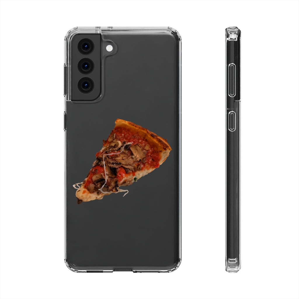 Pizza Clear Case showcasing a crystal clear design with cushioned TPU edges, protecting a smartphone.