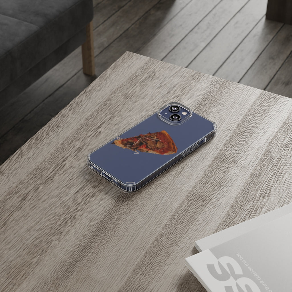 Pizza Clear Case showcasing a crystal clear design with cushioned TPU edges, protecting a smartphone.