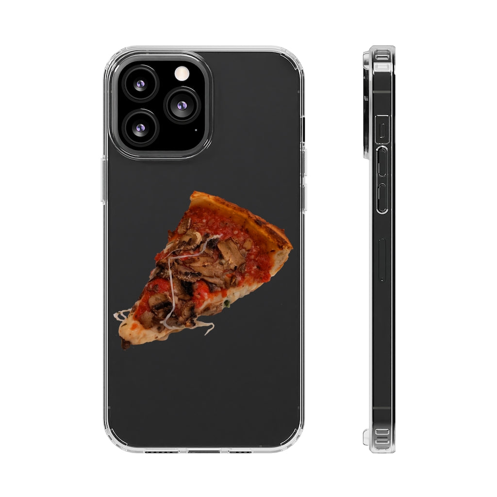 Pizza Clear Case showcasing a crystal clear design with cushioned TPU edges, protecting a smartphone.