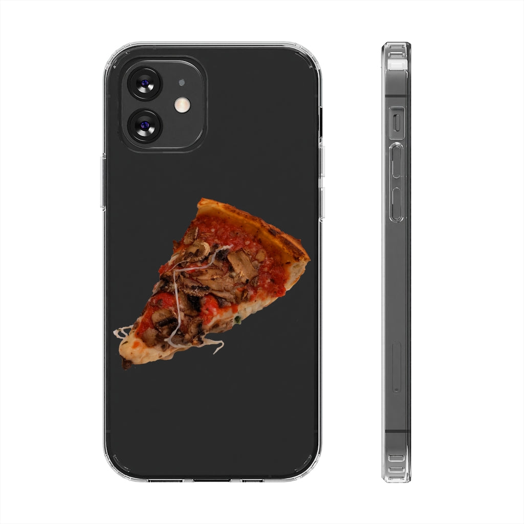 Pizza Clear Case showcasing a crystal clear design with cushioned TPU edges, protecting a smartphone.