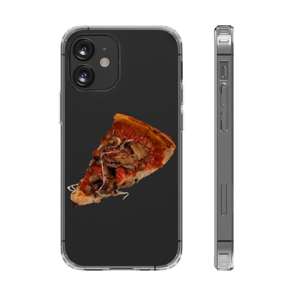 Pizza Clear Case showcasing a crystal clear design with cushioned TPU edges, protecting a smartphone.