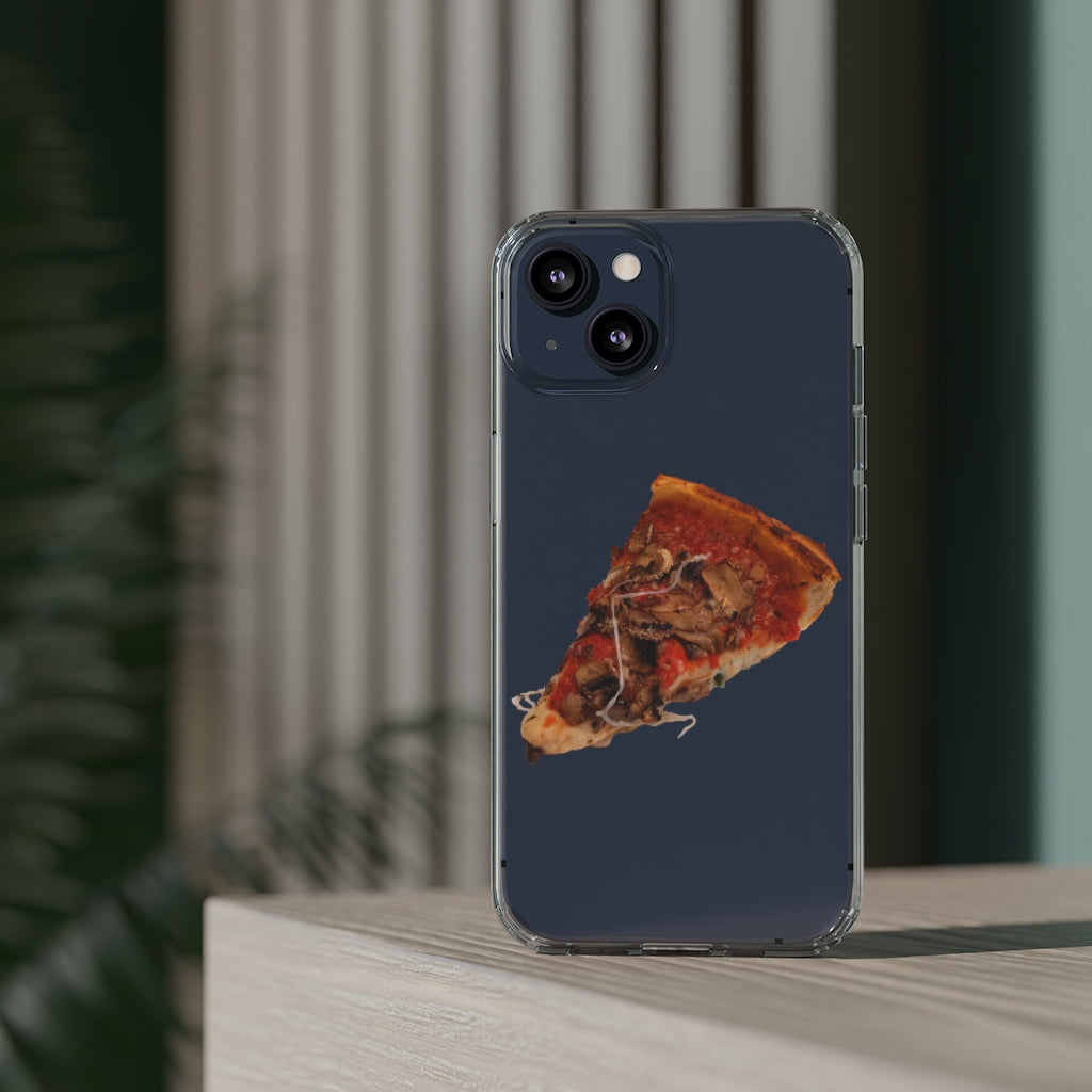 Pizza Clear Case showcasing a crystal clear design with cushioned TPU edges, protecting a smartphone.