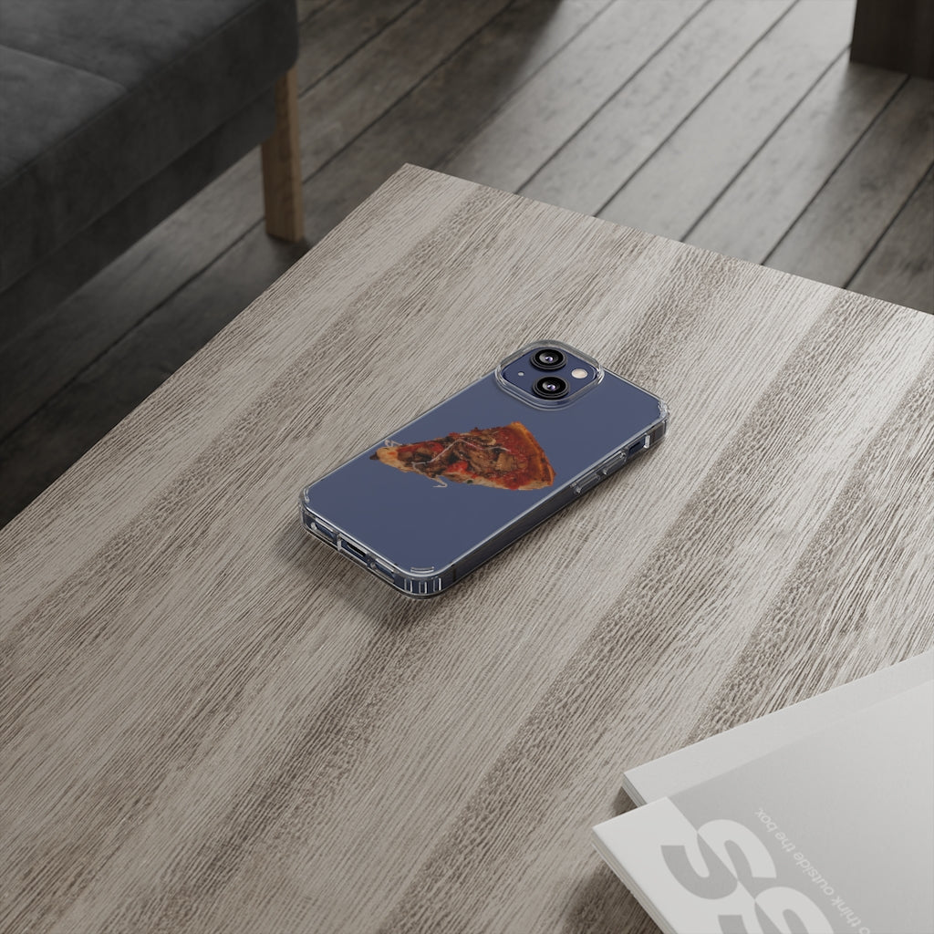 Pizza Clear Case showcasing a crystal clear design with cushioned TPU edges, protecting a smartphone.