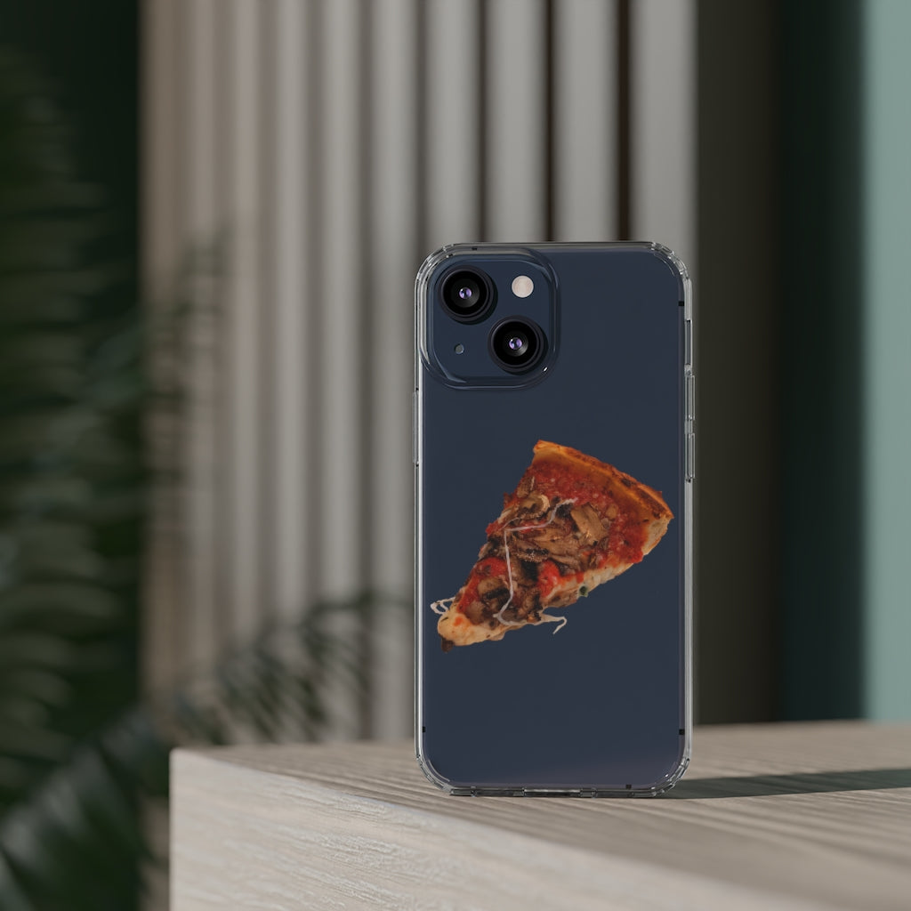 Pizza Clear Case showcasing a crystal clear design with cushioned TPU edges, protecting a smartphone.