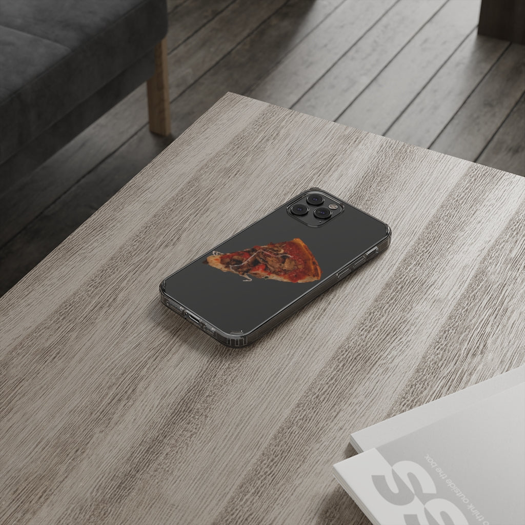 Pizza Clear Case showcasing a crystal clear design with cushioned TPU edges, protecting a smartphone.