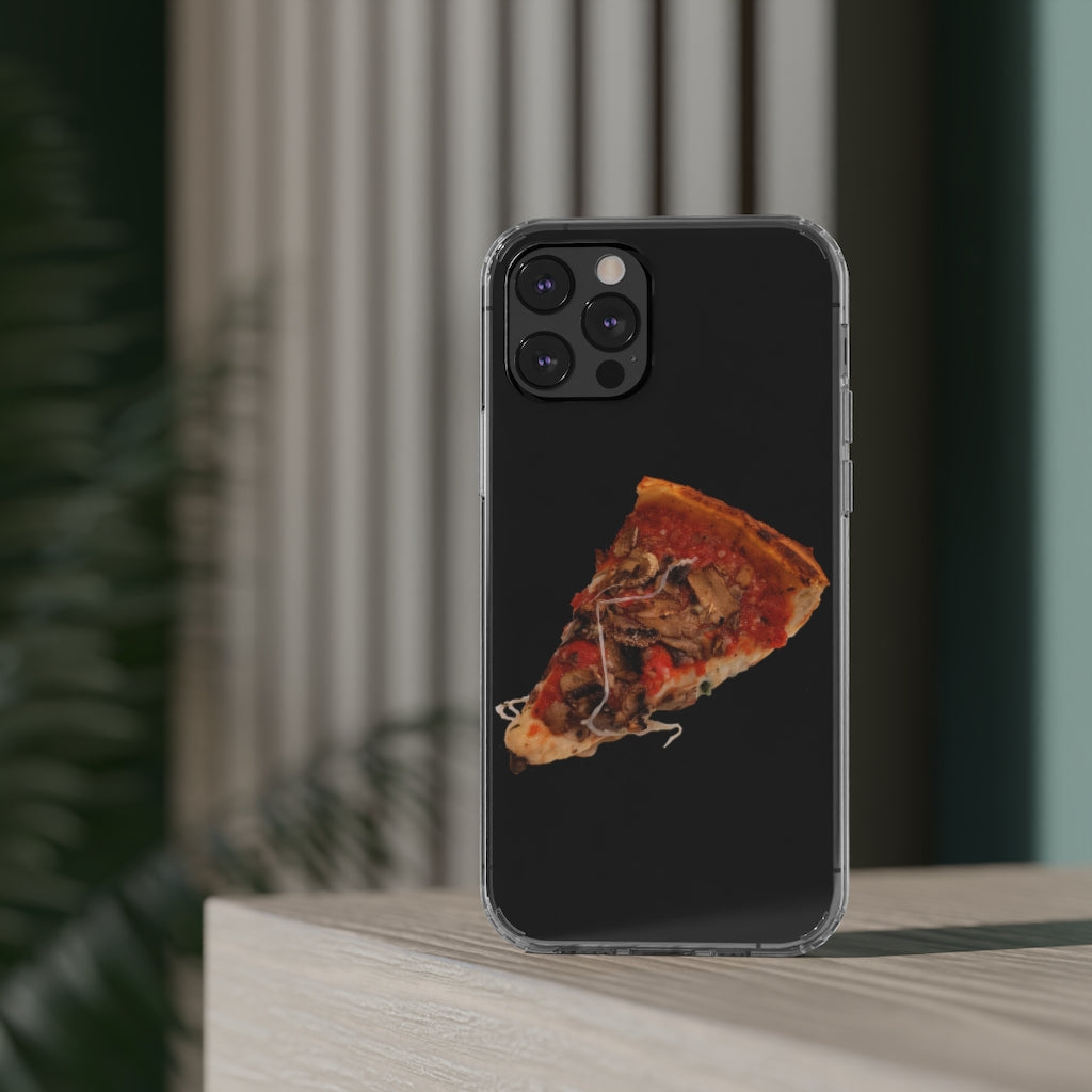 Pizza Clear Case showcasing a crystal clear design with cushioned TPU edges, protecting a smartphone.