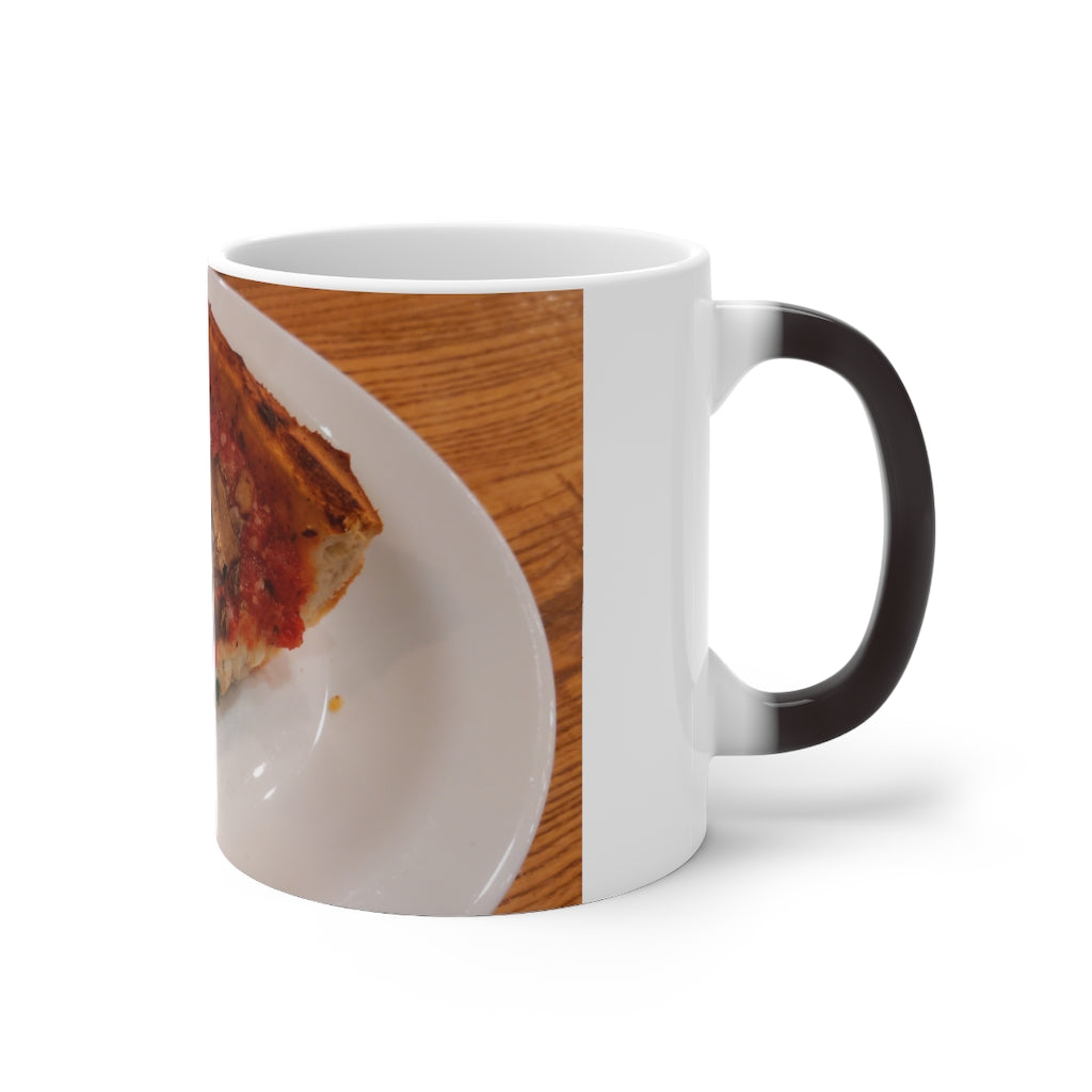 A whimsical Pizza Color Changing Mug showcasing its vibrant color transformation when filled with hot liquid.