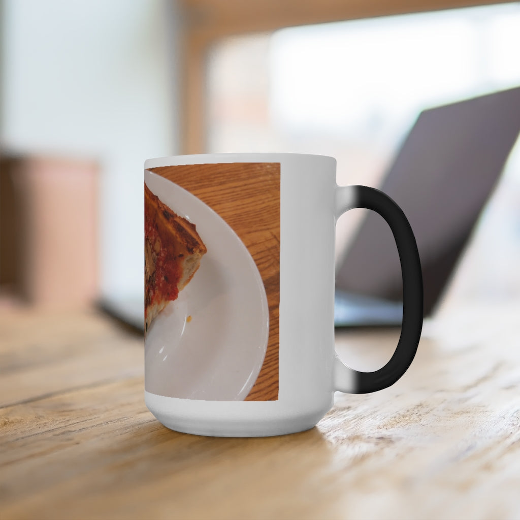 A whimsical Pizza Color Changing Mug showcasing its vibrant color transformation when filled with hot liquid.