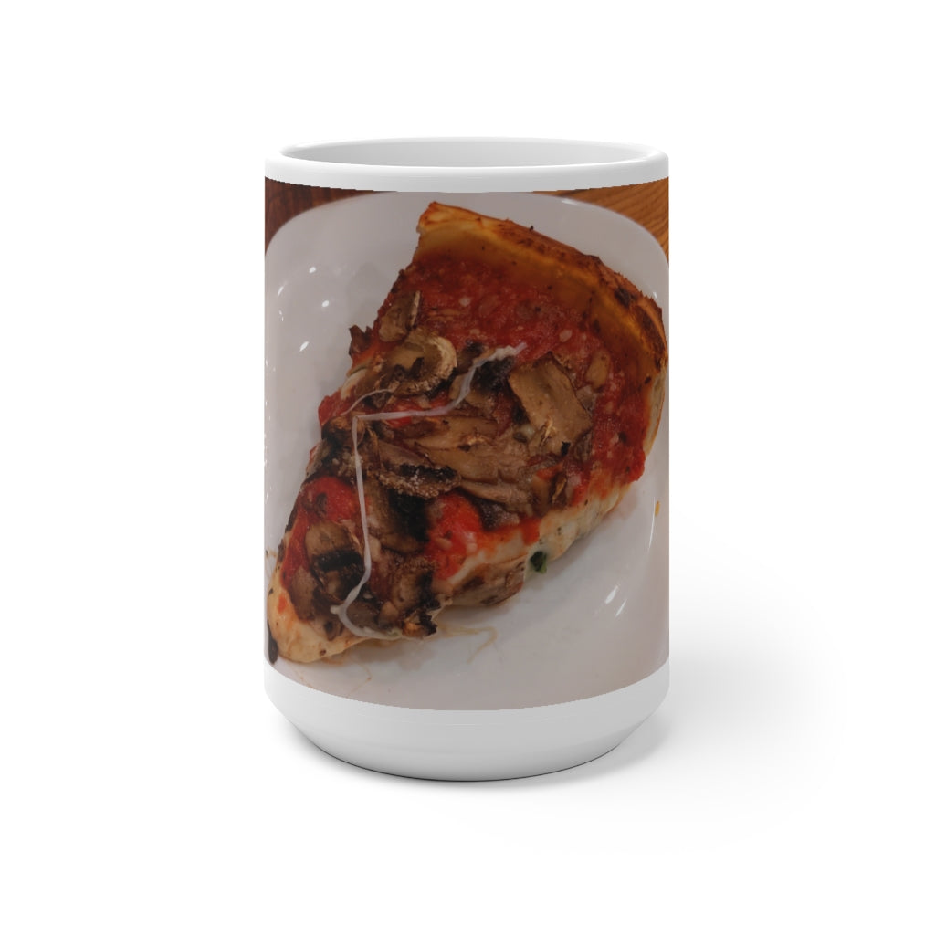 A whimsical Pizza Color Changing Mug showcasing its vibrant color transformation when filled with hot liquid.