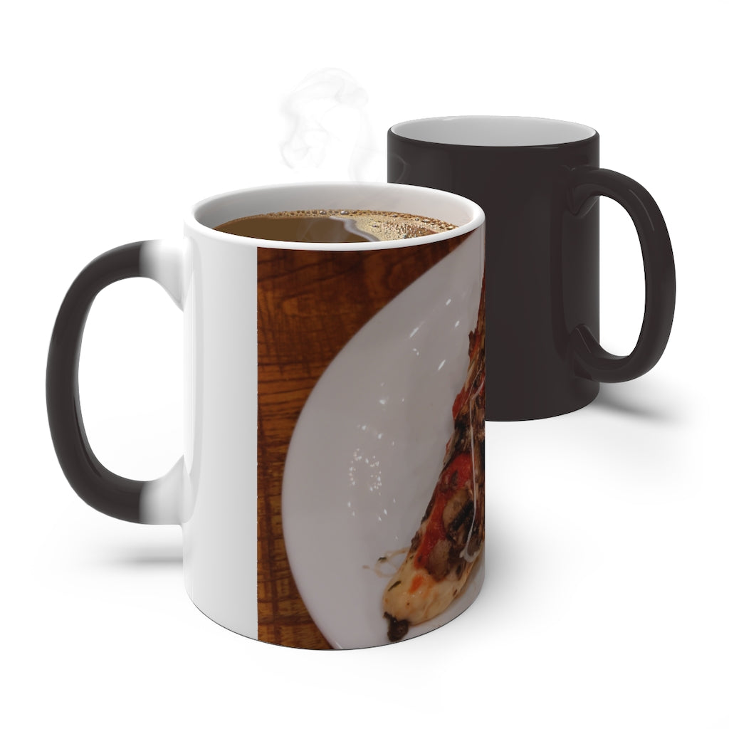 A whimsical Pizza Color Changing Mug showcasing its vibrant color transformation when filled with hot liquid.