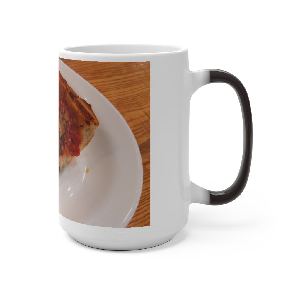 A whimsical Pizza Color Changing Mug showcasing its vibrant color transformation when filled with hot liquid.