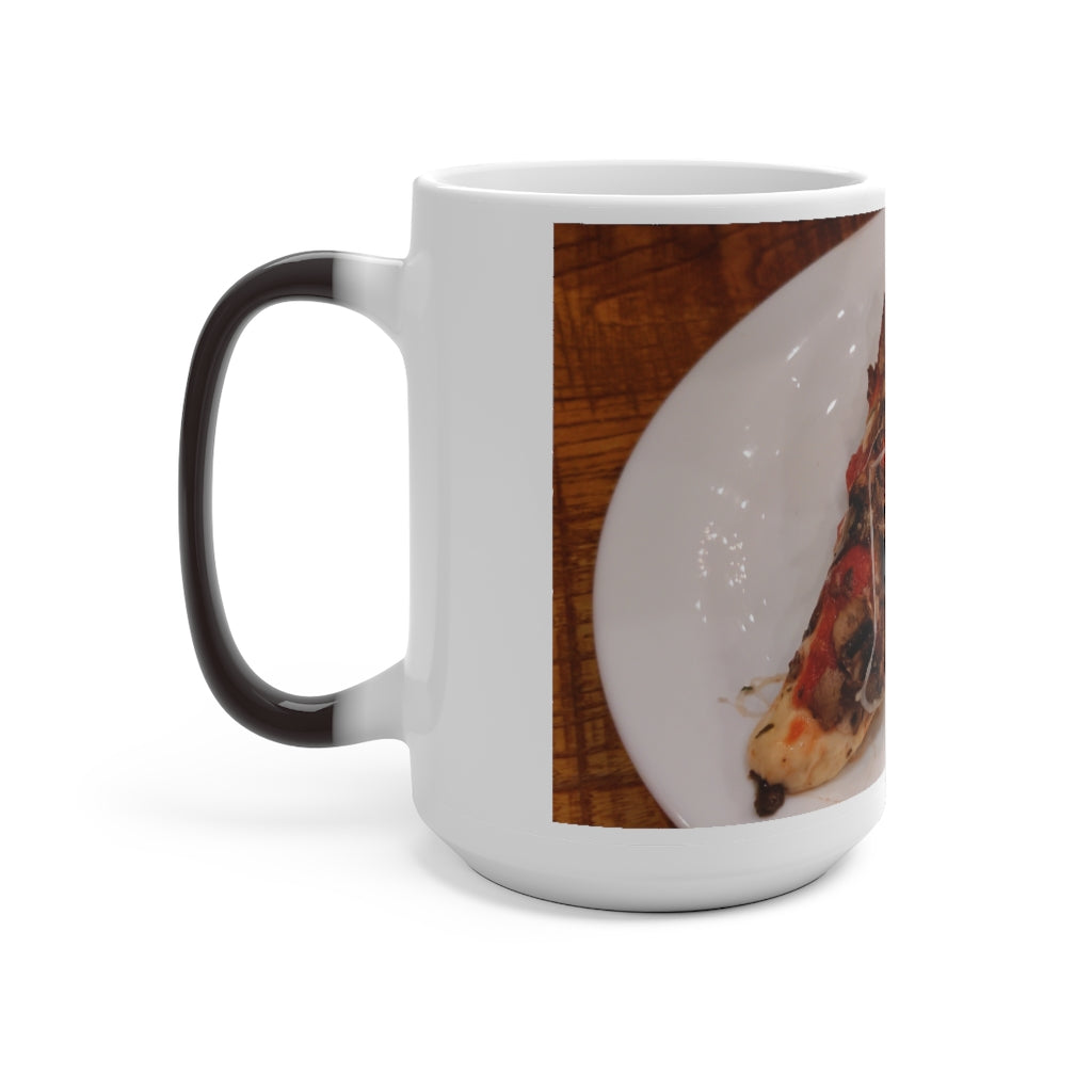 A whimsical Pizza Color Changing Mug showcasing its vibrant color transformation when filled with hot liquid.