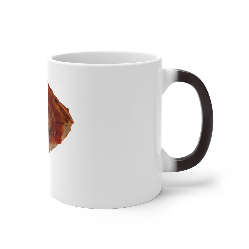 A whimsical Pizza Color Changing Mug showcasing its vibrant color transformation when filled with a hot beverage.