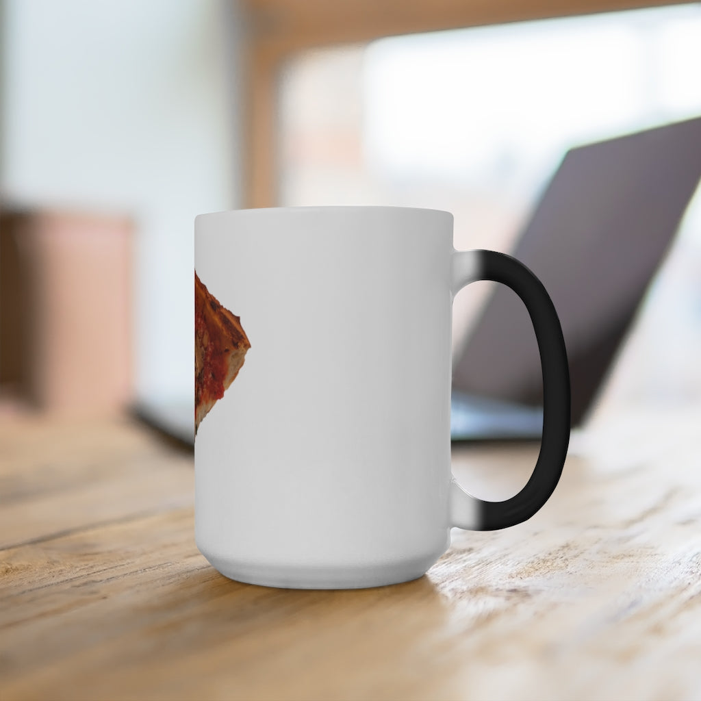 A whimsical Pizza Color Changing Mug showcasing its vibrant color transformation when filled with a hot beverage.