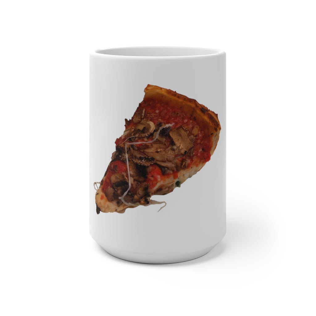 A whimsical Pizza Color Changing Mug showcasing its vibrant color transformation when filled with a hot beverage.