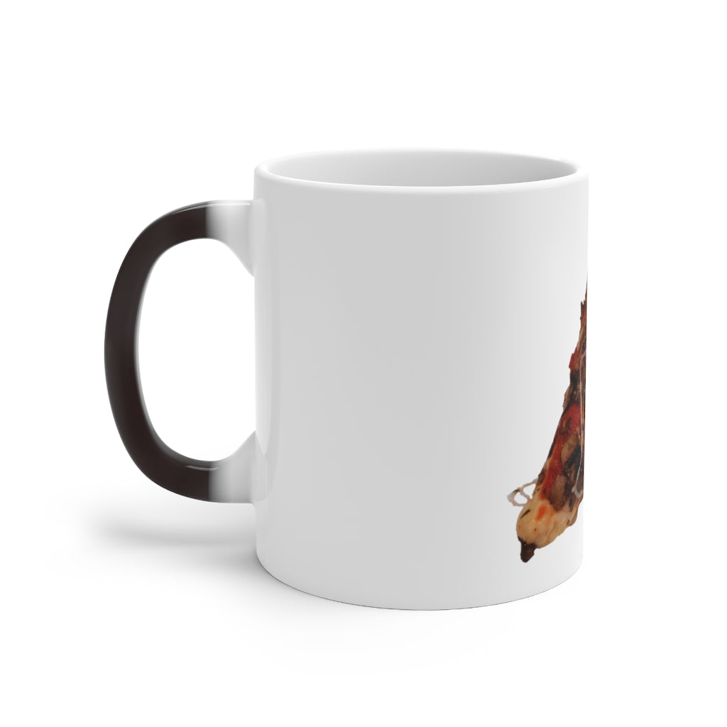 A whimsical Pizza Color Changing Mug showcasing its vibrant color transformation when filled with a hot beverage.