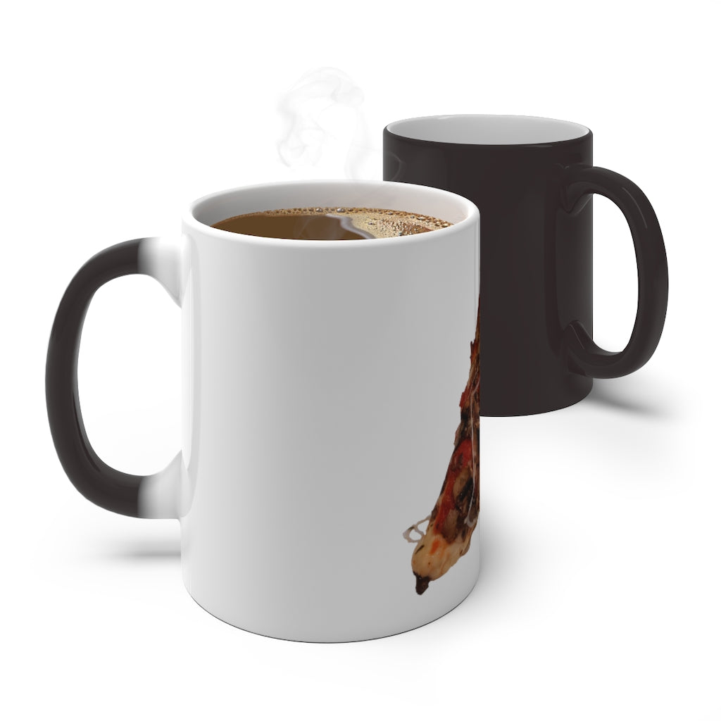 A whimsical Pizza Color Changing Mug showcasing its vibrant color transformation when filled with a hot beverage.