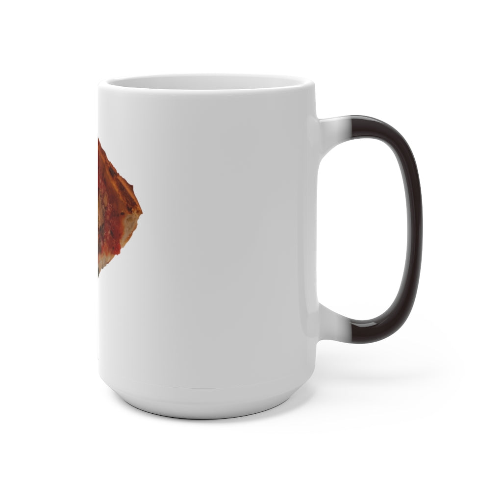 A whimsical Pizza Color Changing Mug showcasing its vibrant color transformation when filled with a hot beverage.