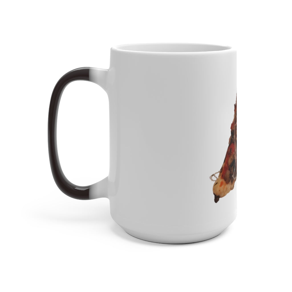 A whimsical Pizza Color Changing Mug showcasing its vibrant color transformation when filled with a hot beverage.