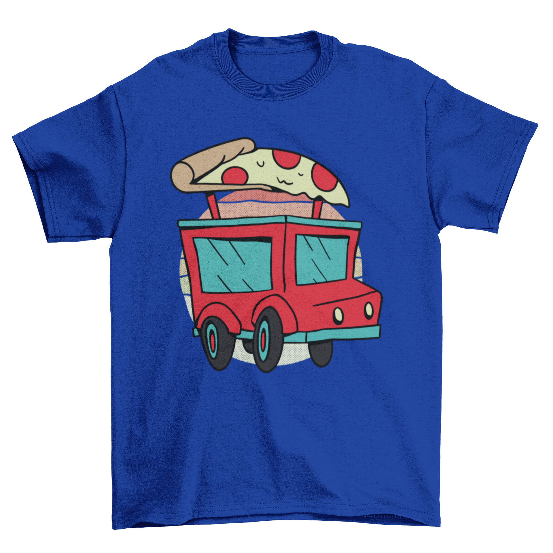 A vibrant t-shirt design featuring a colorful pizza delivery truck graphic, perfect for pizza lovers.