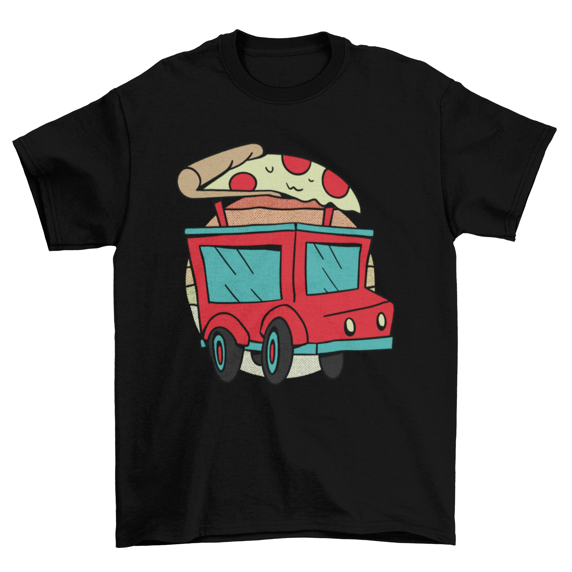 A vibrant t-shirt design featuring a colorful pizza delivery truck graphic, perfect for pizza lovers.