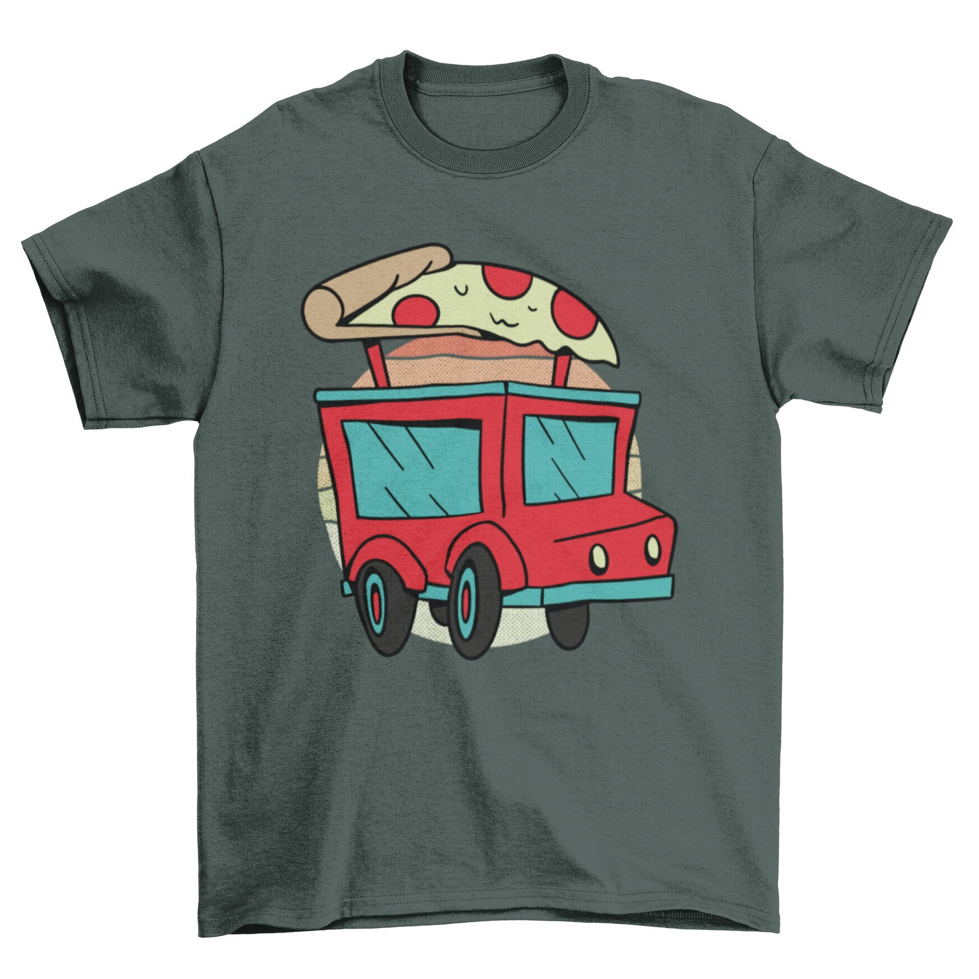 A vibrant t-shirt design featuring a colorful pizza delivery truck graphic, perfect for pizza lovers.