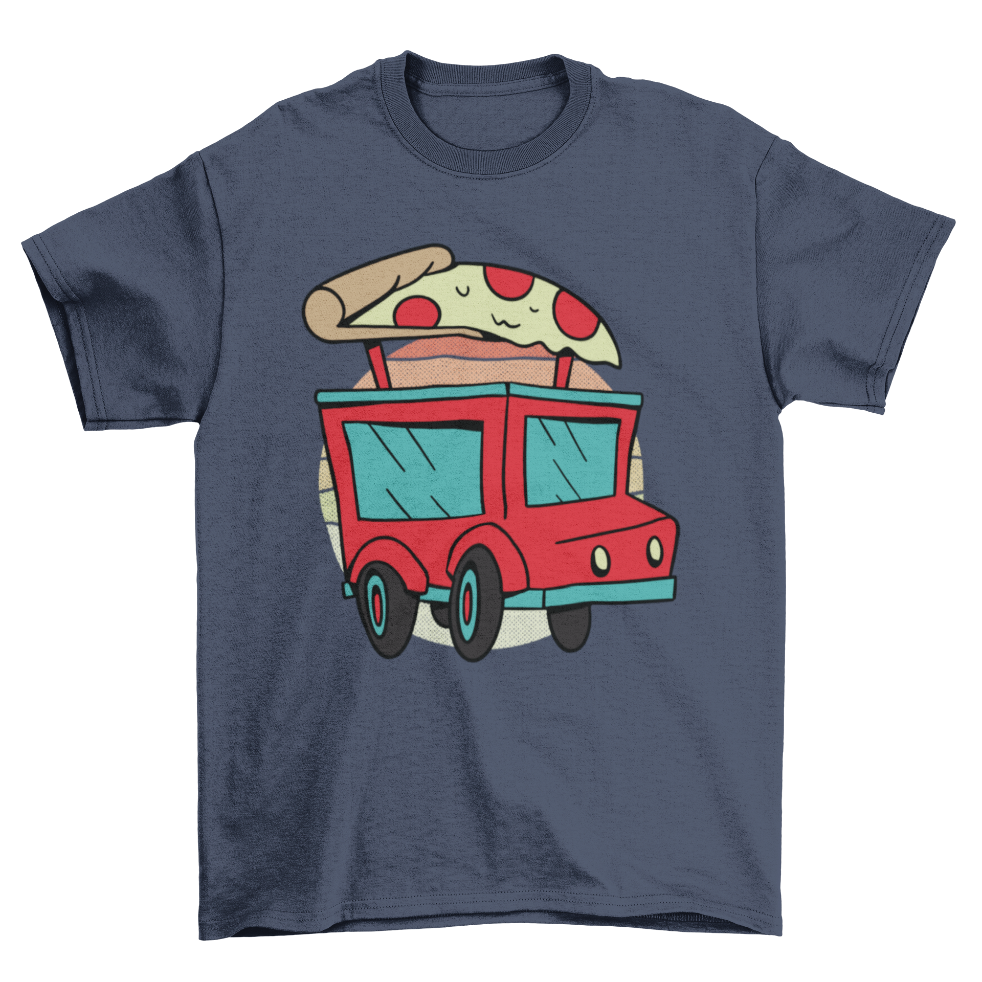 A vibrant t-shirt design featuring a colorful pizza delivery truck graphic, perfect for pizza lovers.