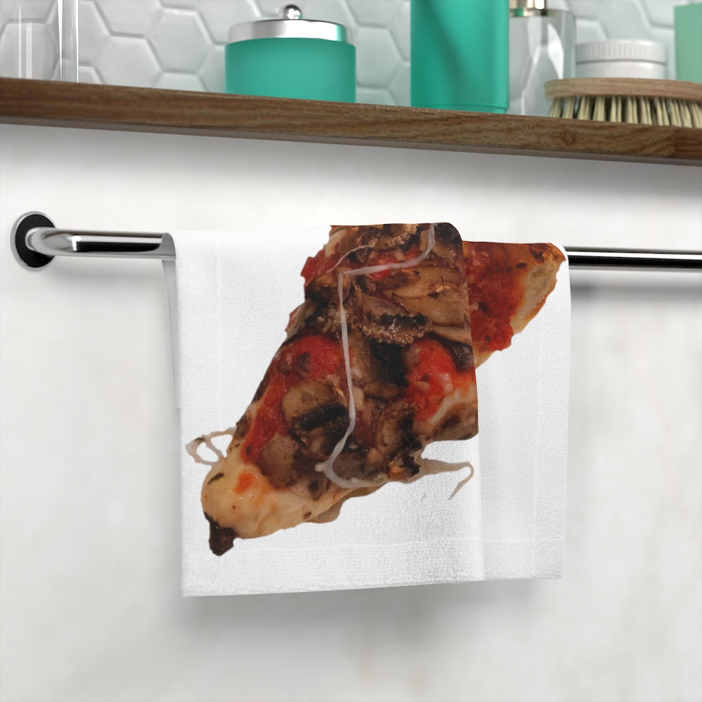 A colorful Pizza Face Towel featuring a vibrant pizza design on a soft polyester front and absorbent cotton back.