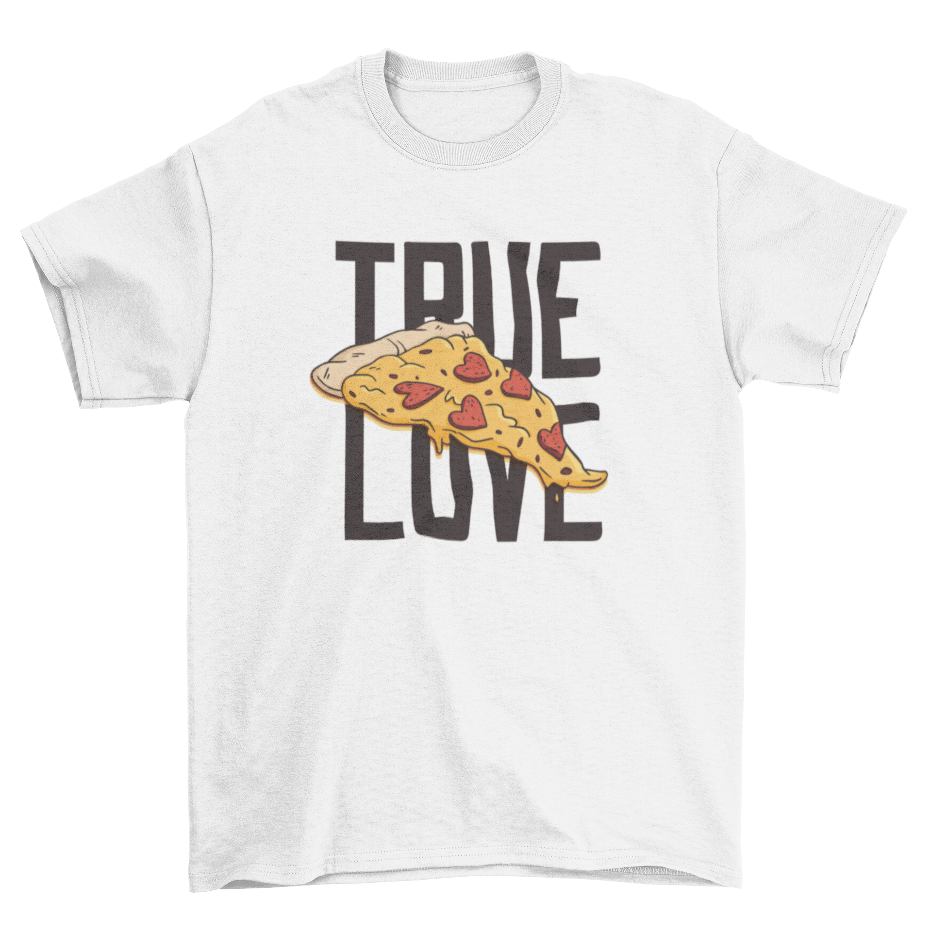 A cute t-shirt featuring a pizza slice with heart-shaped pepperoni and the quote 'True love'.