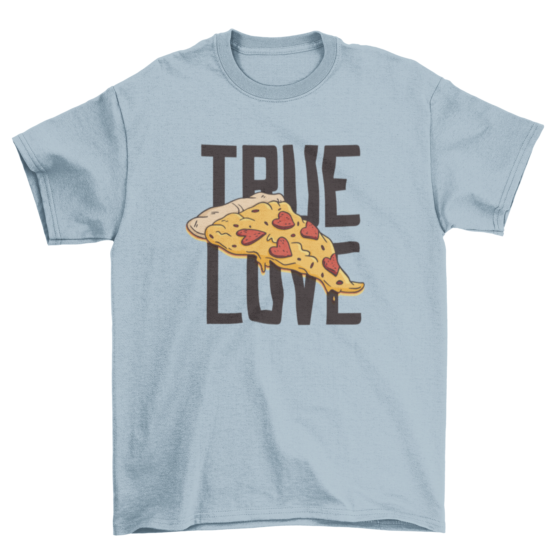 A cute t-shirt featuring a pizza slice with heart-shaped pepperoni and the quote 'True love'.