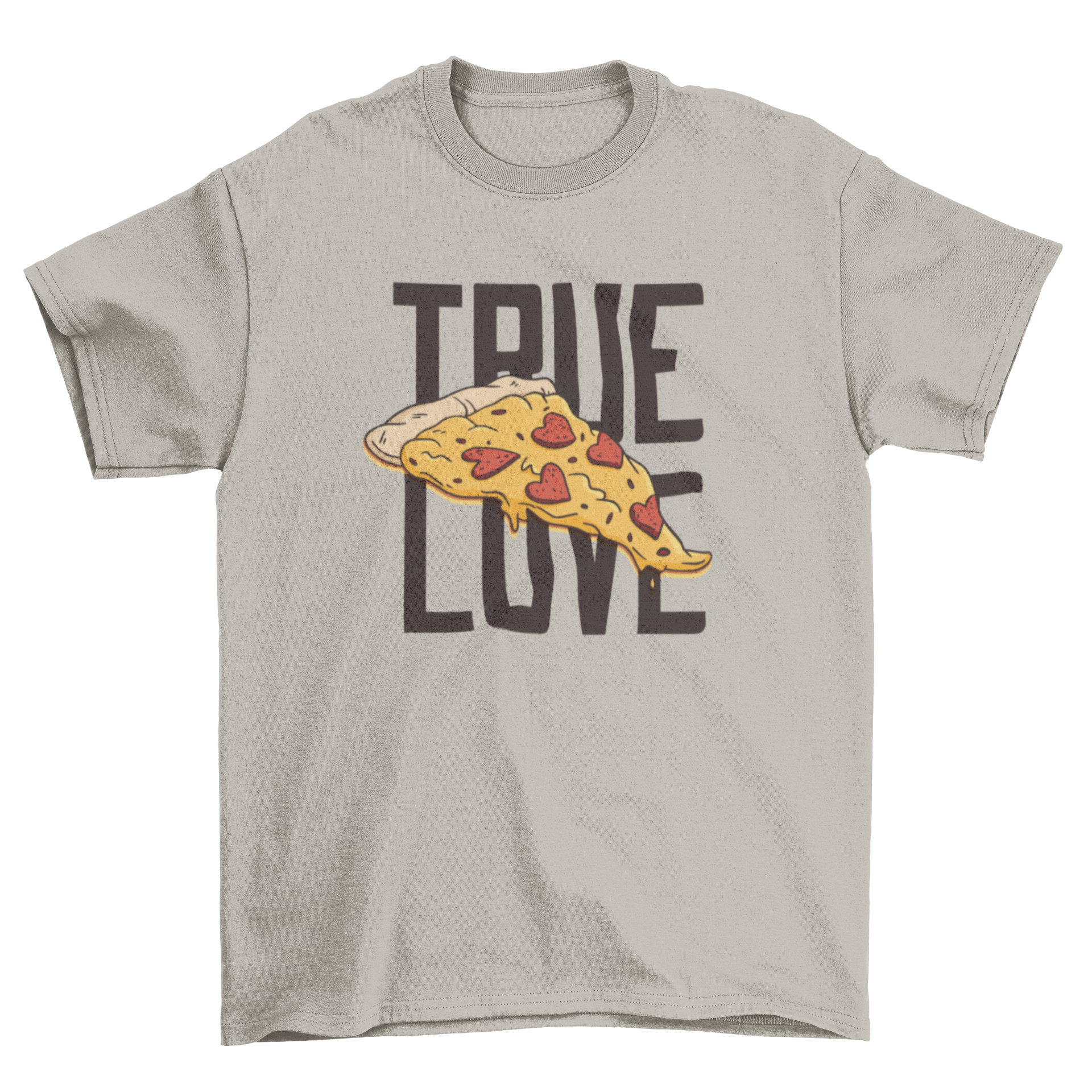 A cute t-shirt featuring a pizza slice with heart-shaped pepperoni and the quote 'True love'.