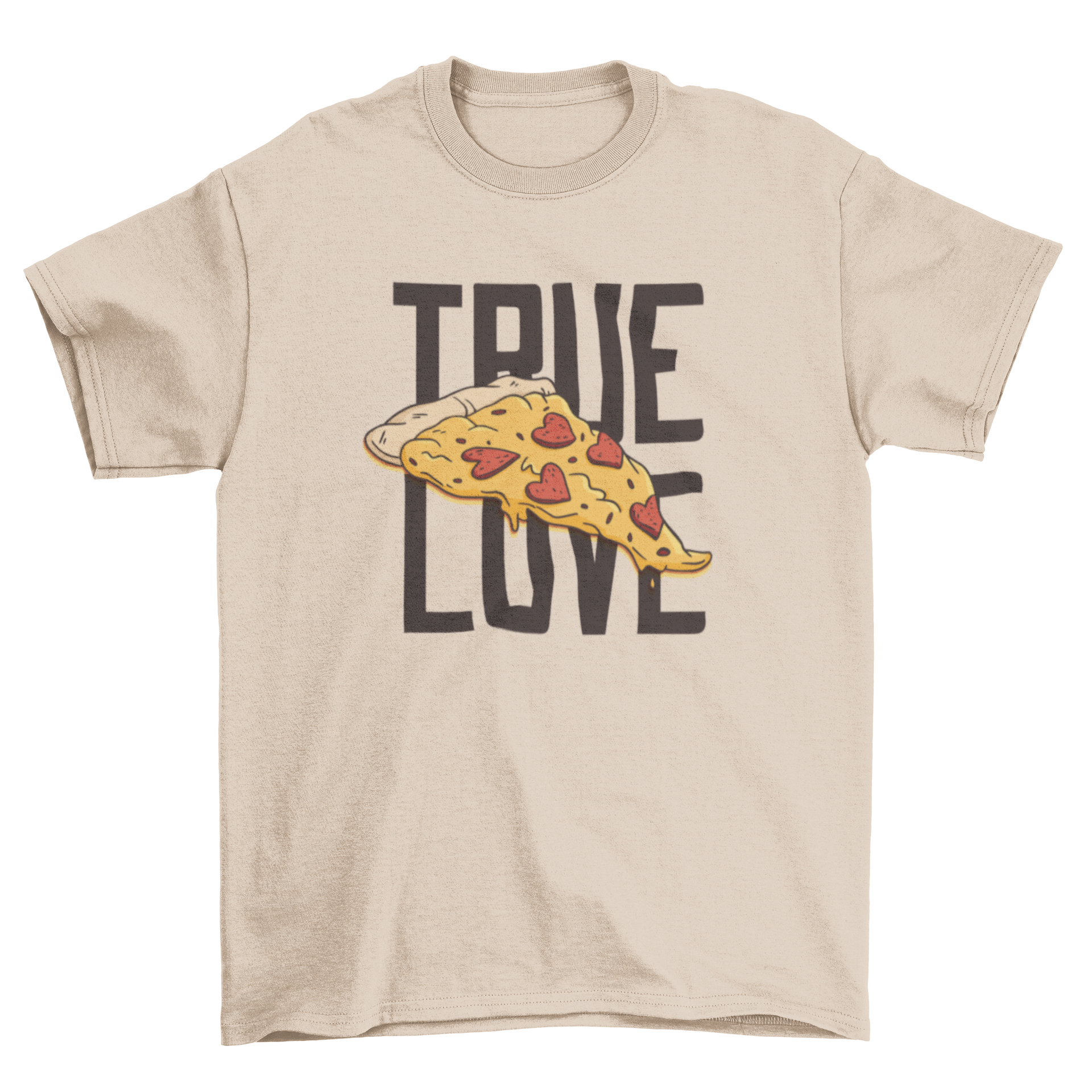 A cute t-shirt featuring a pizza slice with heart-shaped pepperoni and the quote 'True love'.