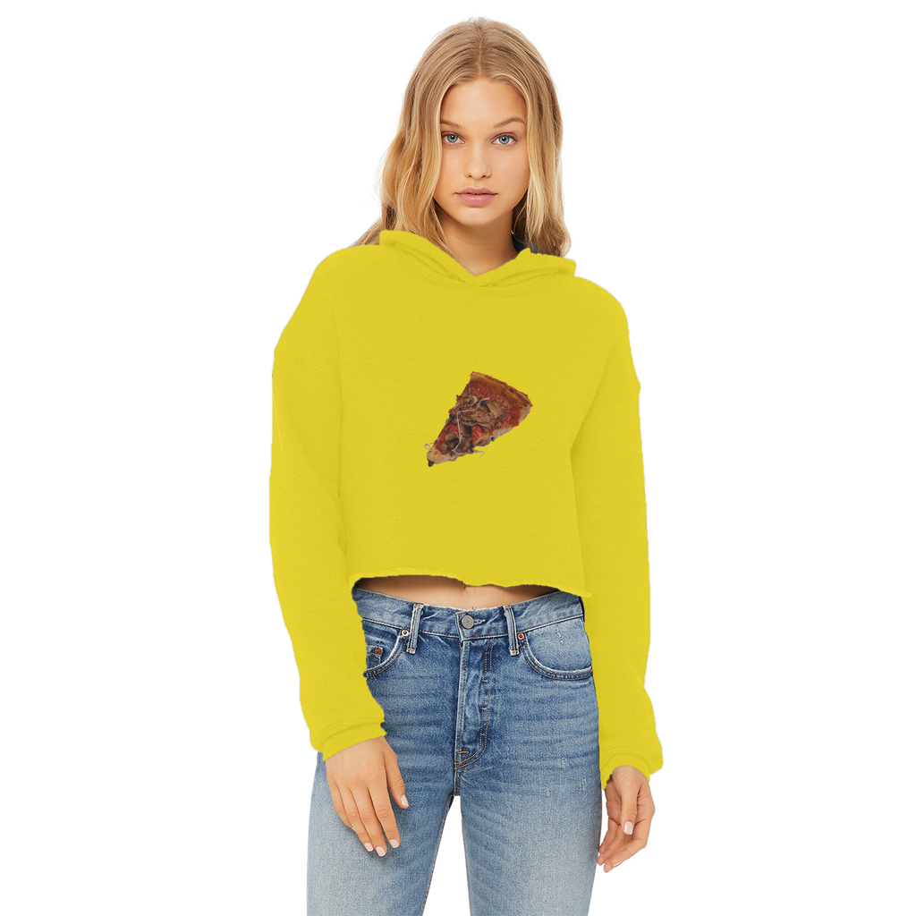 Pizza Ladies Cropped Raw Edge Hoodie in various colors, showcasing its stylish cropped design and soft fabric.