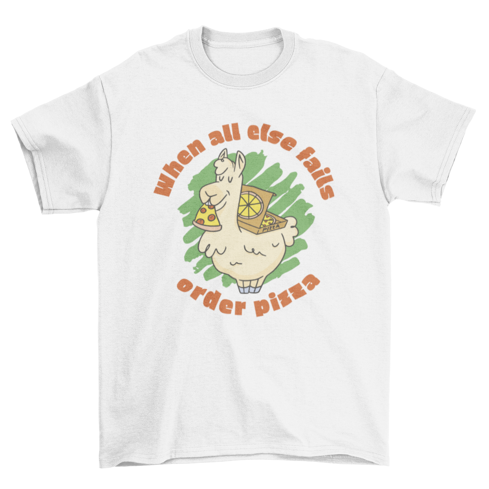 A colorful t-shirt featuring a llama eating pizza with a humorous quote.