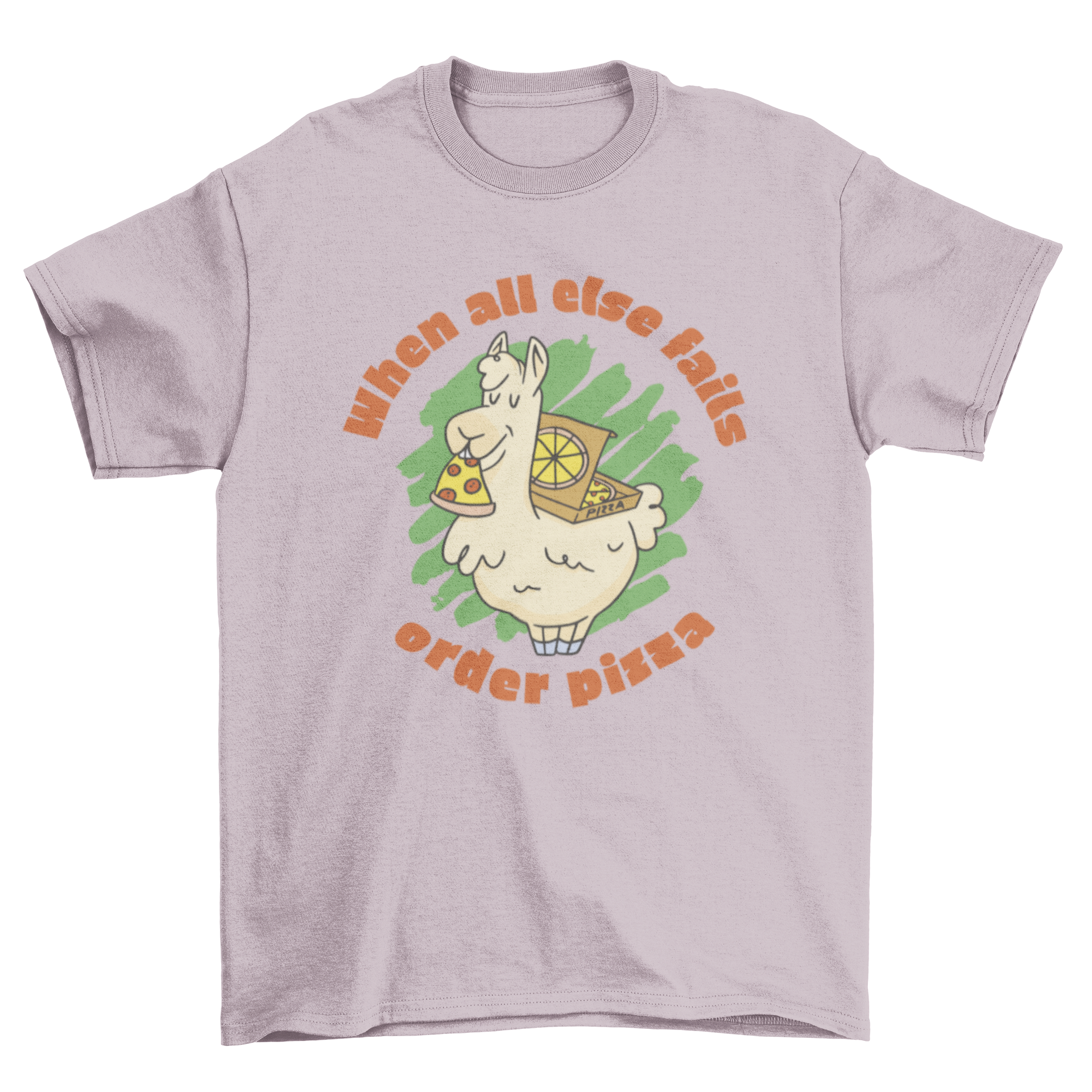 A colorful t-shirt featuring a llama eating pizza with a humorous quote.