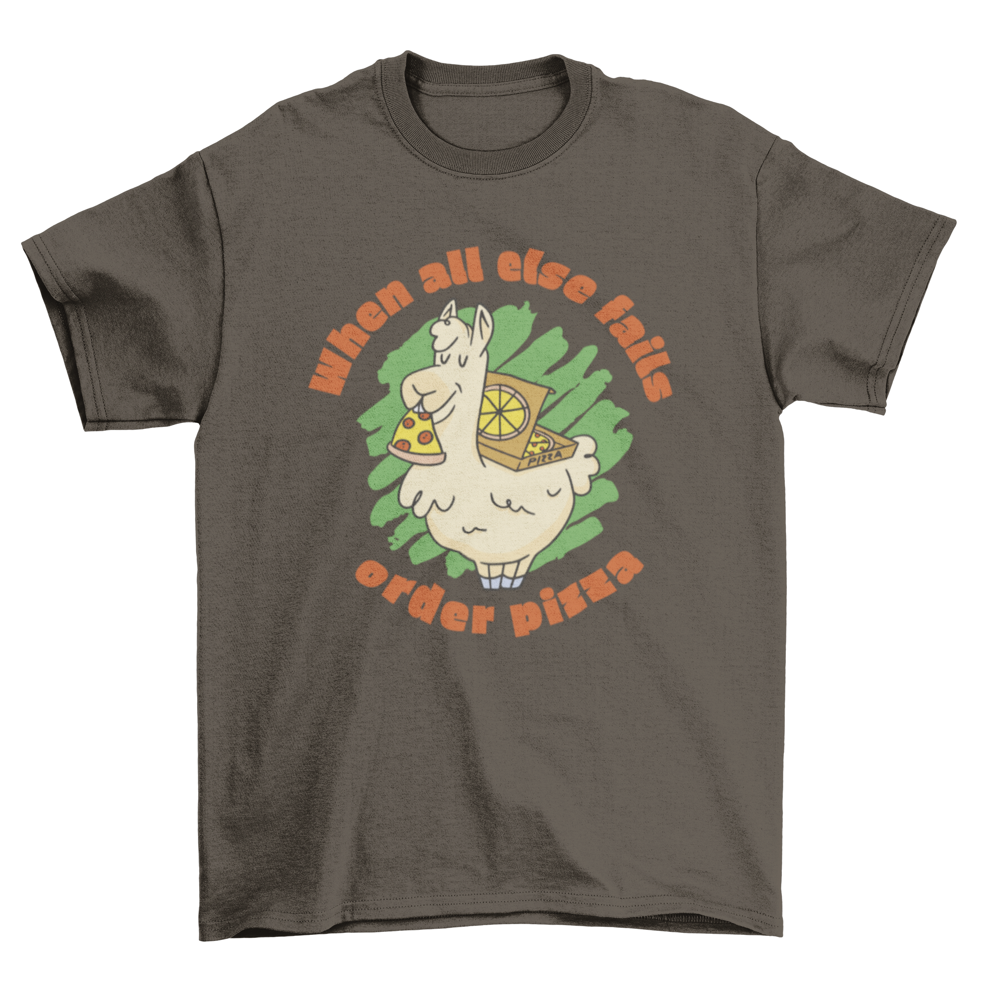 A colorful t-shirt featuring a llama eating pizza with a humorous quote.