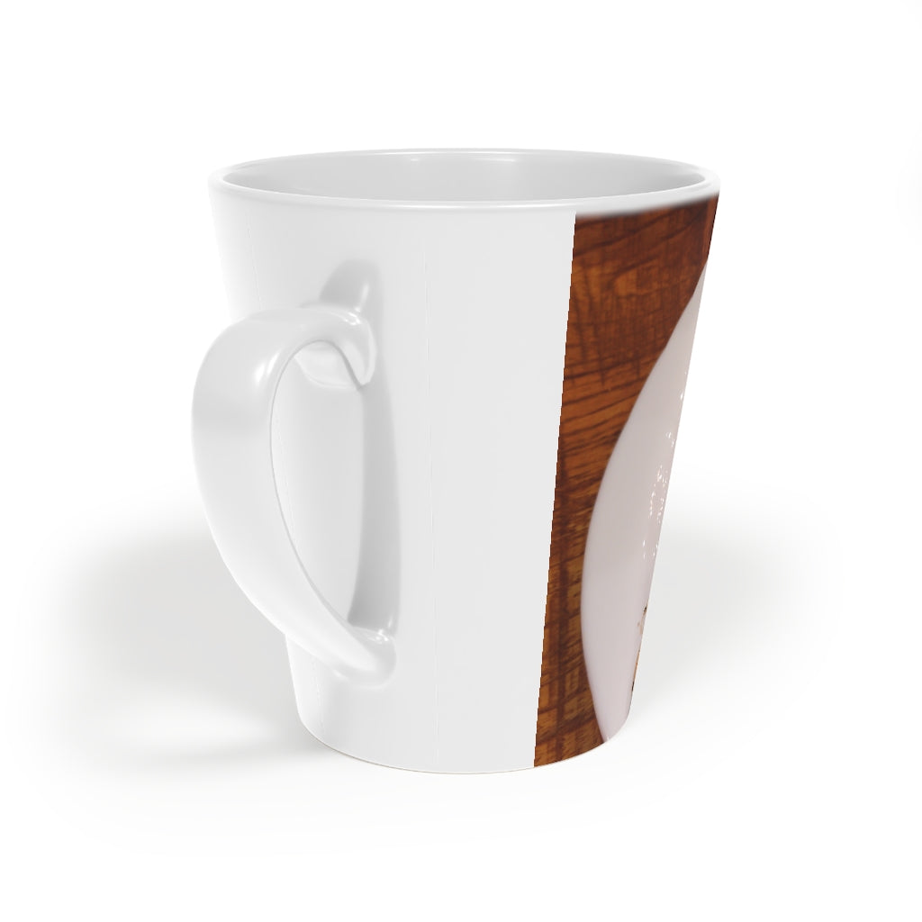 A stylish Pizza on a Plate Latte Mug, 12oz, featuring a durable white ceramic body and an easy-grip handle, perfect for enjoying beverages.