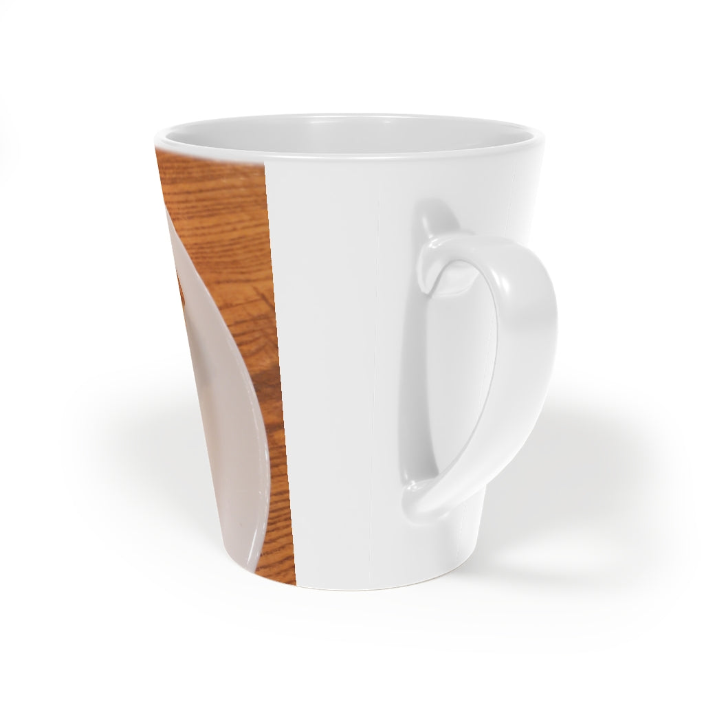 A stylish Pizza on a Plate Latte Mug, 12oz, featuring a durable white ceramic body and an easy-grip handle, perfect for enjoying beverages.