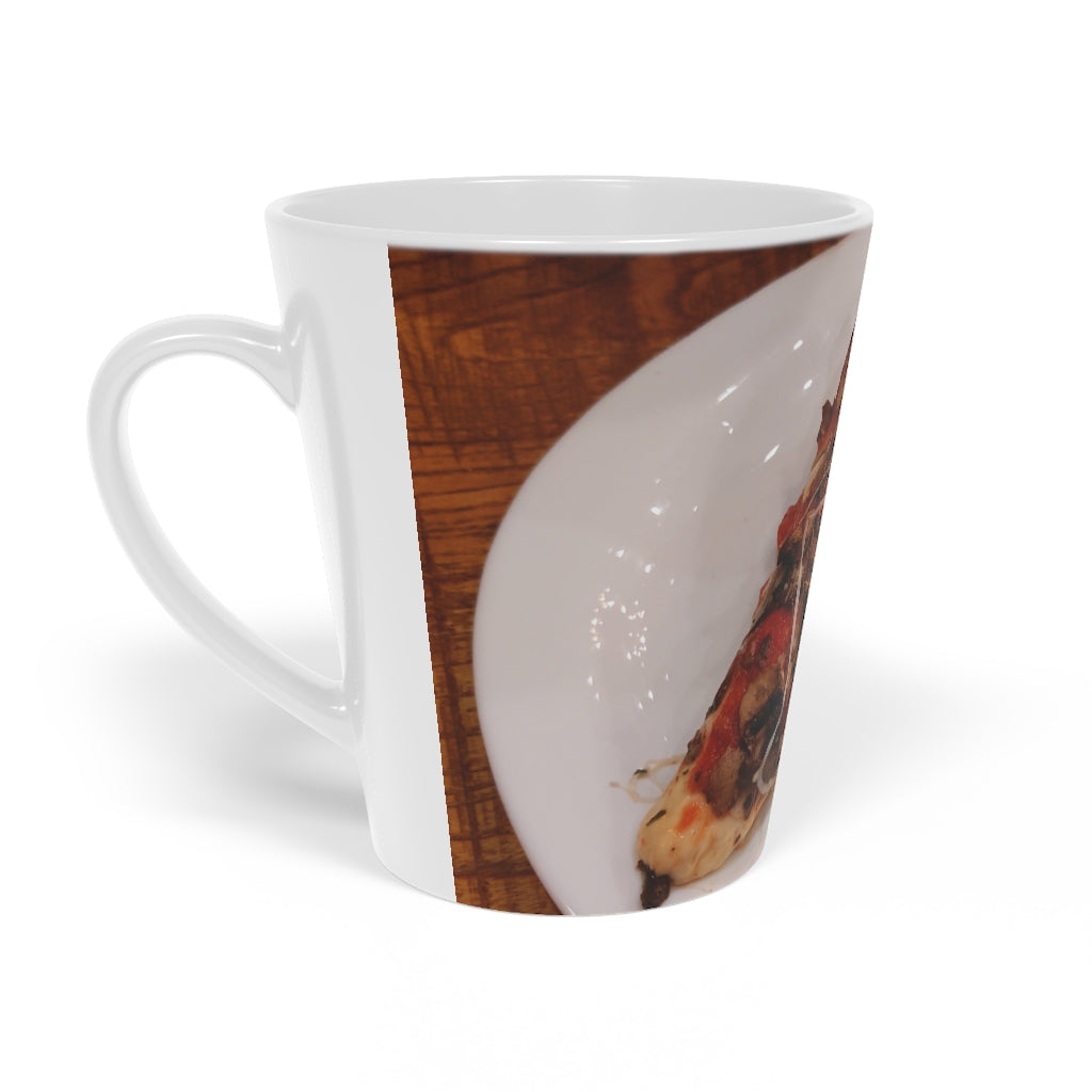 A stylish Pizza on a Plate Latte Mug, 12oz, featuring a durable white ceramic body and an easy-grip handle, perfect for enjoying beverages.