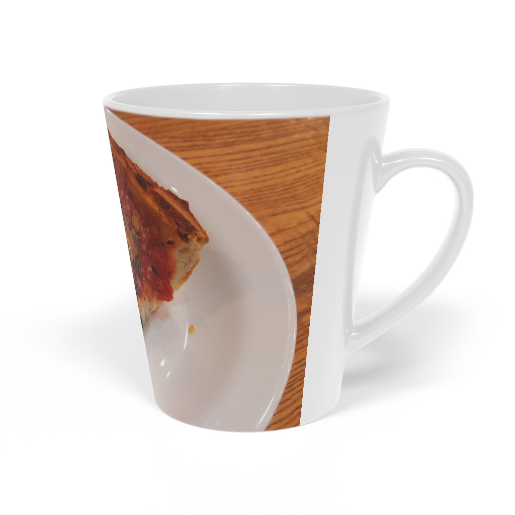 A stylish Pizza on a Plate Latte Mug, 12oz, featuring a durable white ceramic body and an easy-grip handle, perfect for enjoying beverages.