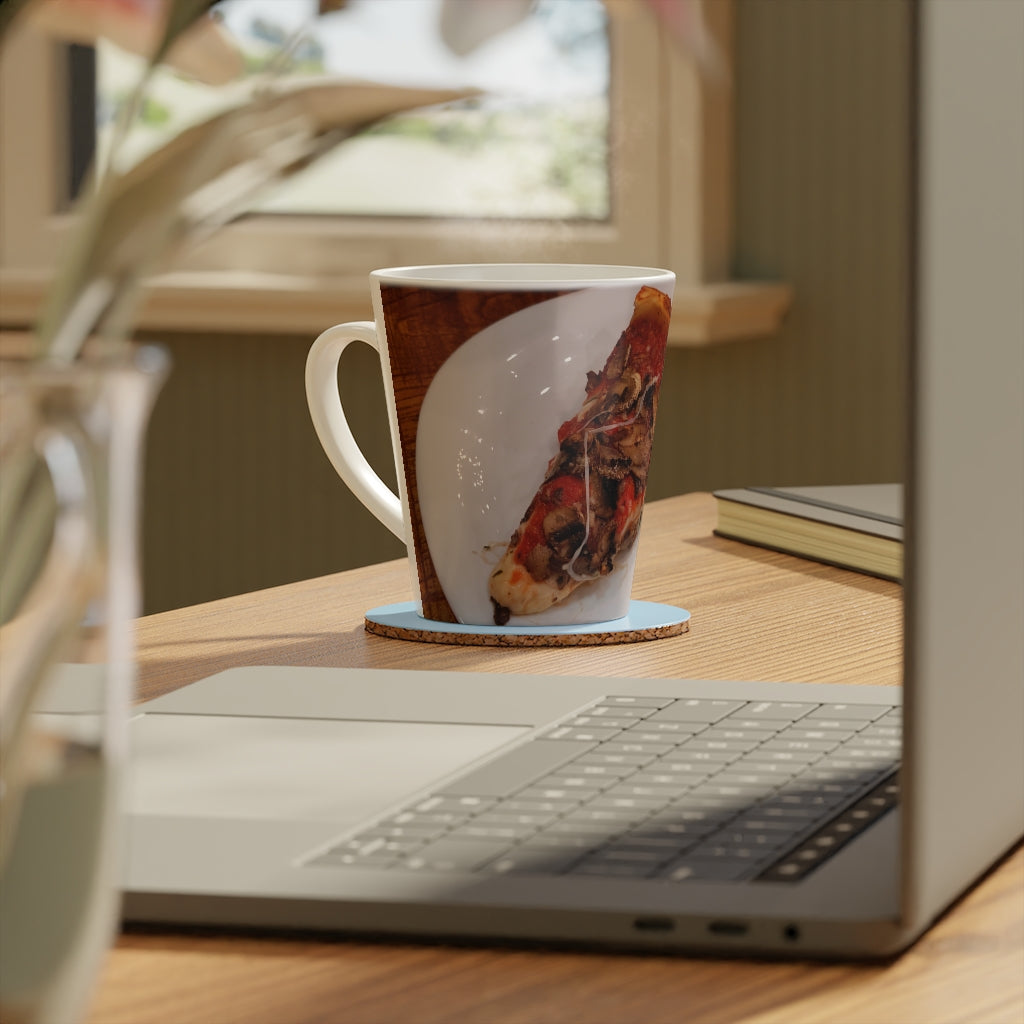 A stylish Pizza on a Plate Latte Mug, 12oz, featuring a durable white ceramic body and an easy-grip handle, perfect for enjoying beverages.