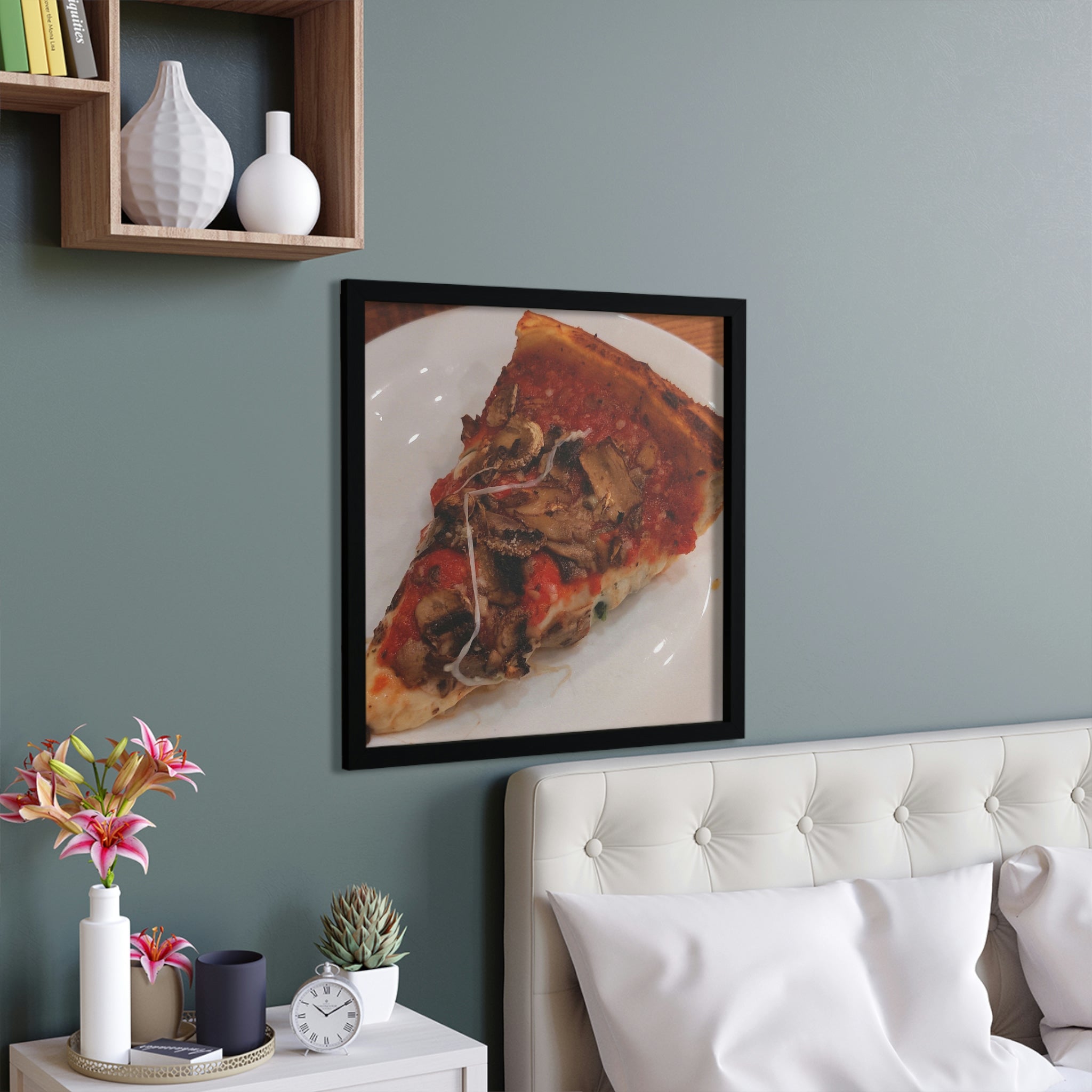 A beautifully framed poster featuring a delicious pizza on a plate, showcasing vibrant colors and a hand-crafted wooden frame.