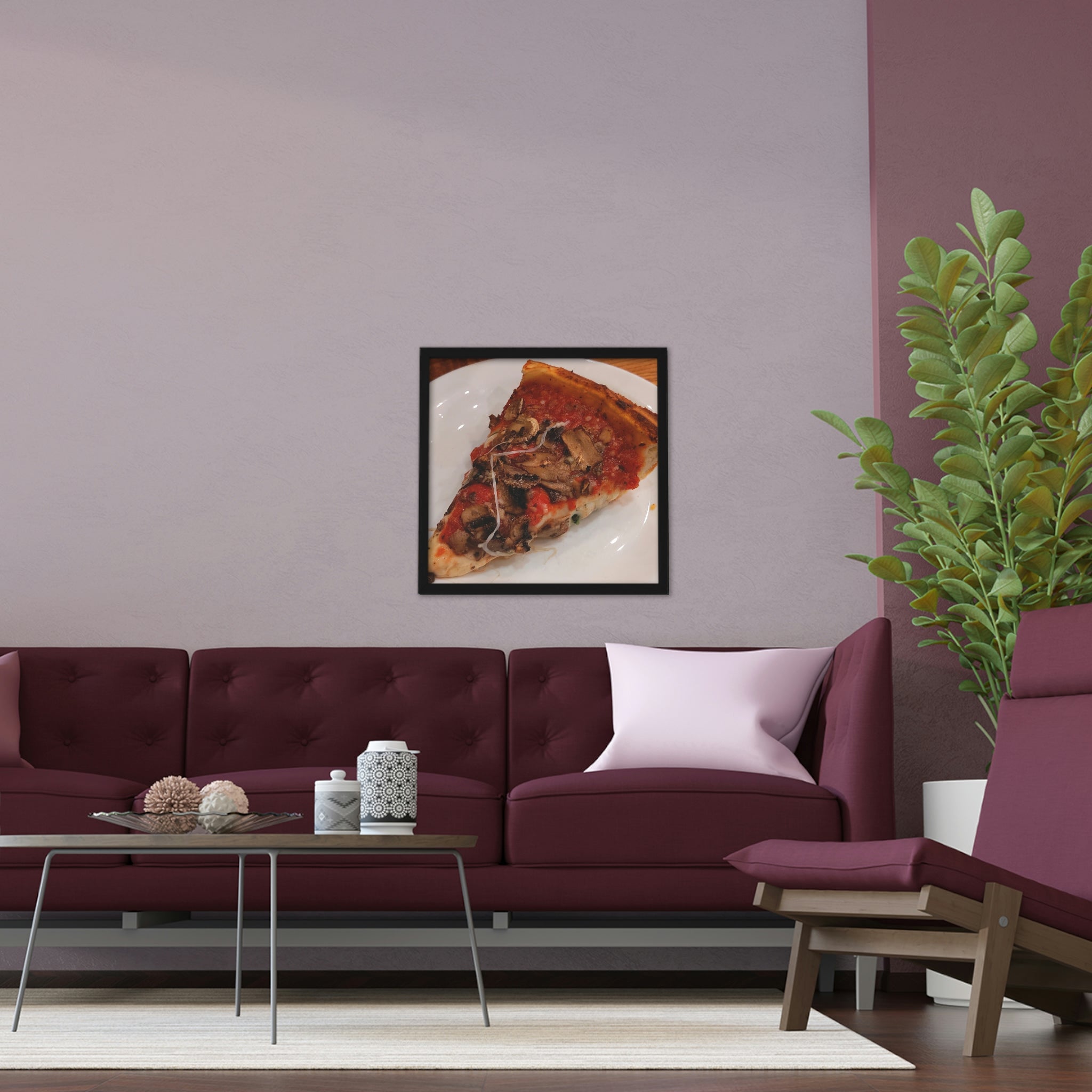 A beautifully framed poster featuring a delicious pizza on a plate, showcasing vibrant colors and a hand-crafted wooden frame.