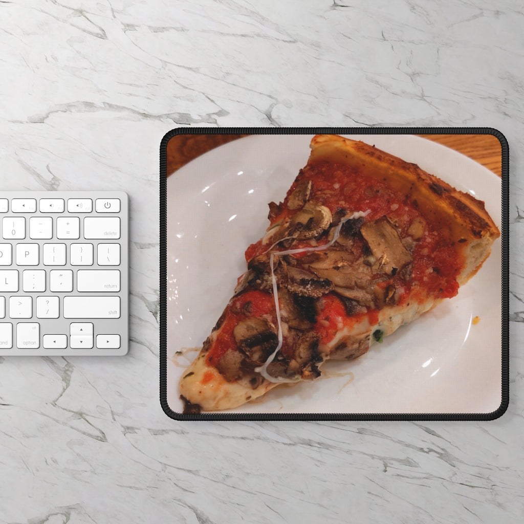 Pizza on Plate Gaming Mouse Pad featuring vibrant pizza design and stitched edges, perfect for gaming and work.