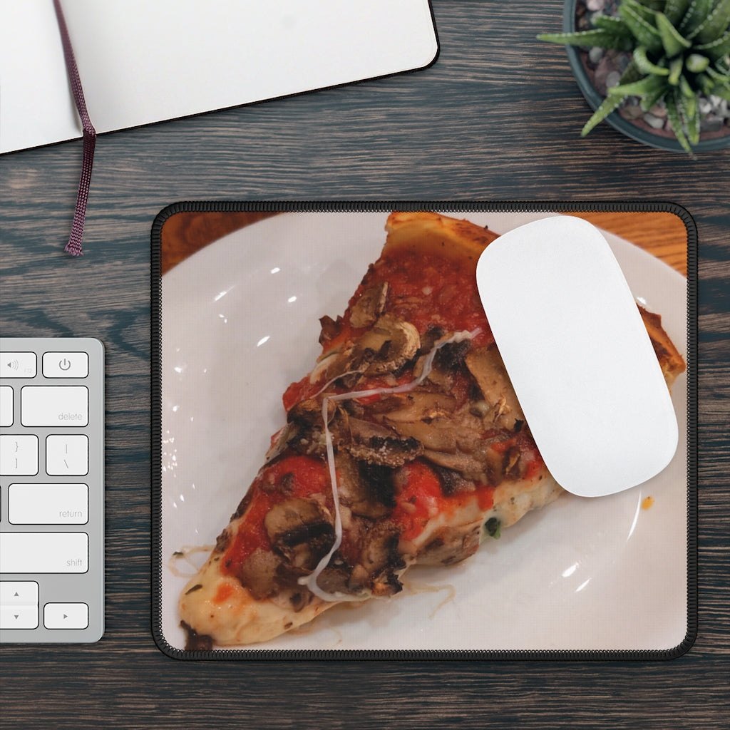 Pizza on Plate Gaming Mouse Pad featuring vibrant pizza design and stitched edges, perfect for gaming and work.